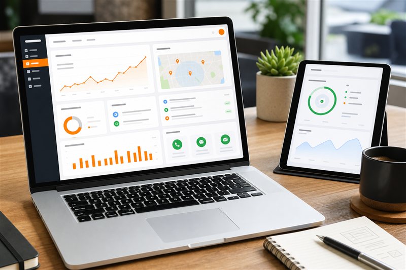 Panel de analítica con crecimiento, SEO local y contactos generados por una web de empresa