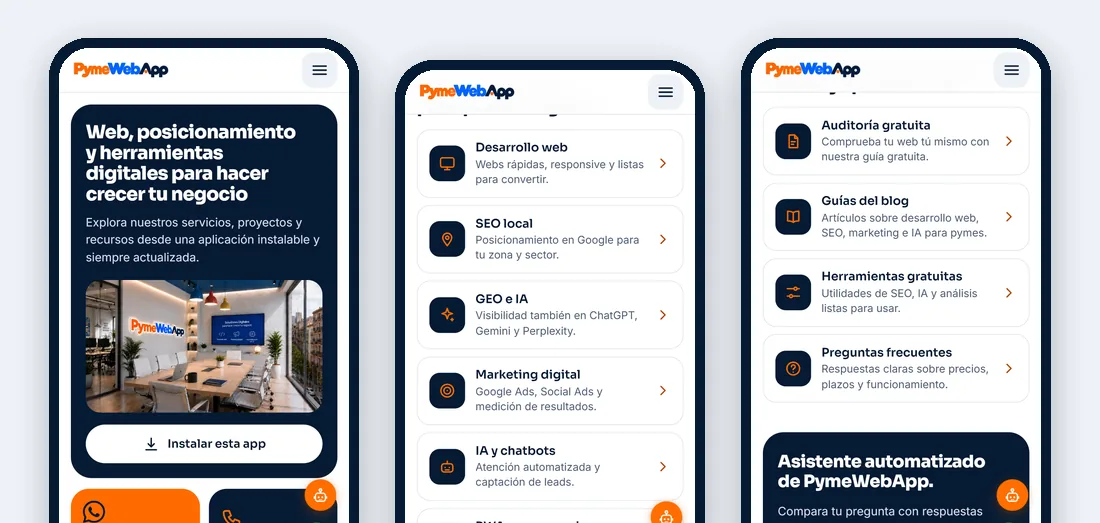 Tres pantallas móviles de la app web de PymeWebApp con servicios, planes y recursos