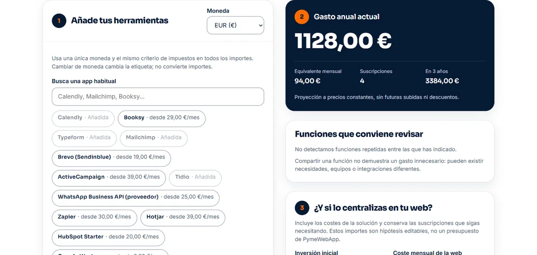 Calculadora de coste de herramientas digitales con el gasto anual de ejemplo y las aplicaciones añadidas