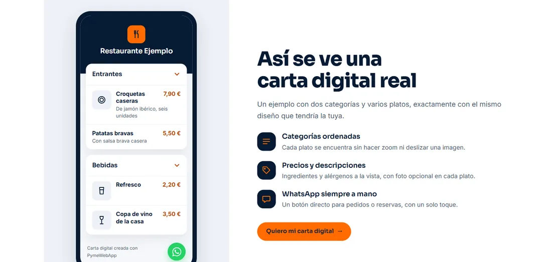 Carta digital de un restaurante de ejemplo en un móvil, con categorías, platos y precios
