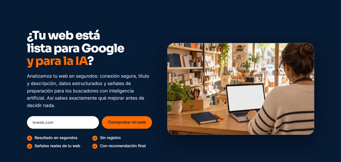 Página de comprobación de una web, con el campo para escribir la dirección y el botón Comprobar mi web