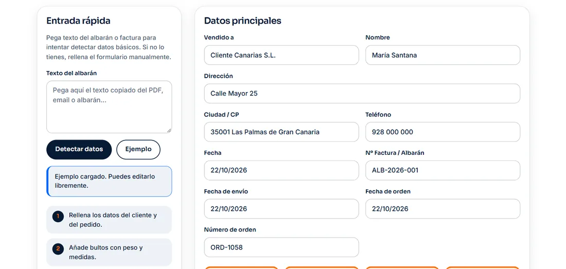 Generador de lista de empaque con el formulario de entrada rápida y los datos principales del envío