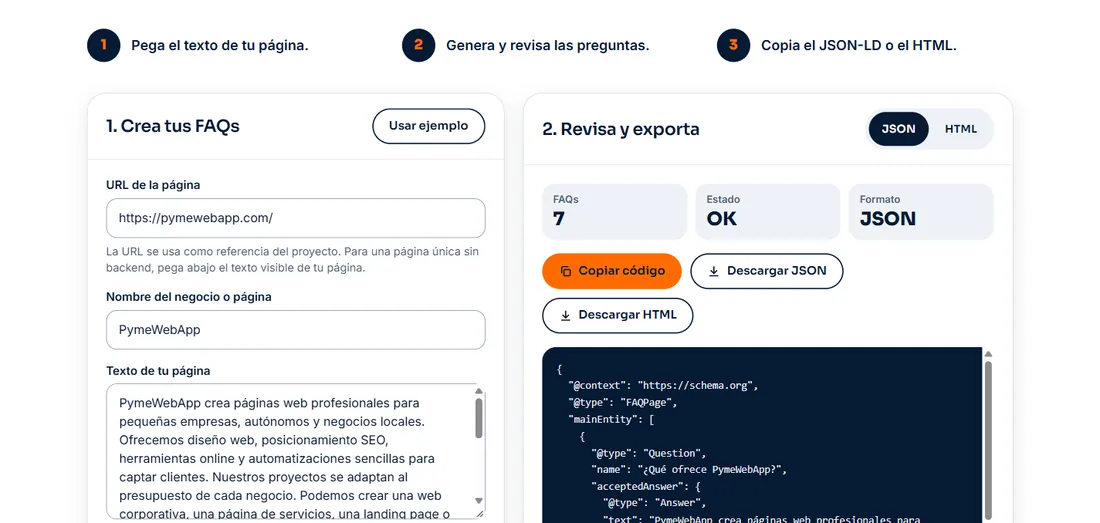 Generador de FAQ Schema con el formulario de preguntas y el código JSON-LD generado