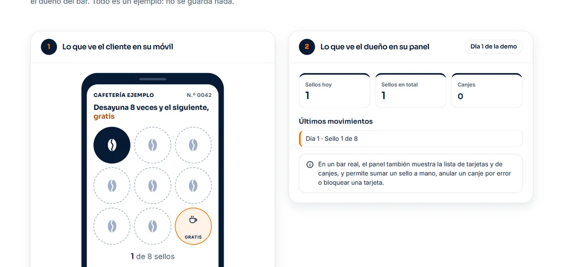 Demo de la tarjeta de fidelidad con QR: el móvil del cliente con sus sellos y el panel del dueño