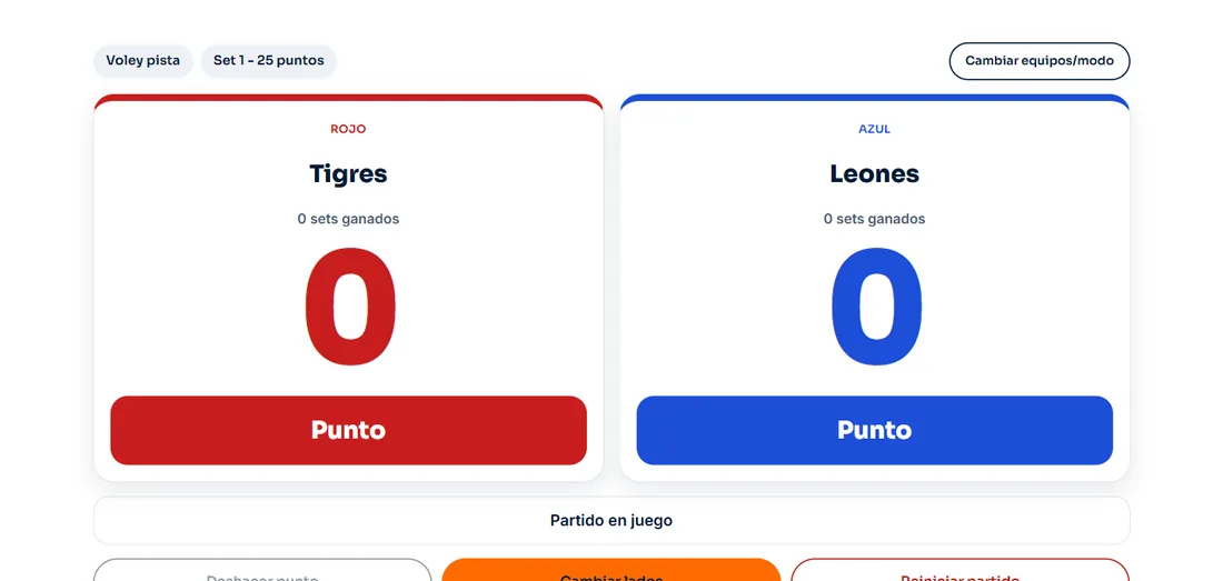 Marcador de voleibol online con dos equipos, sus puntos y botones para sumar puntos