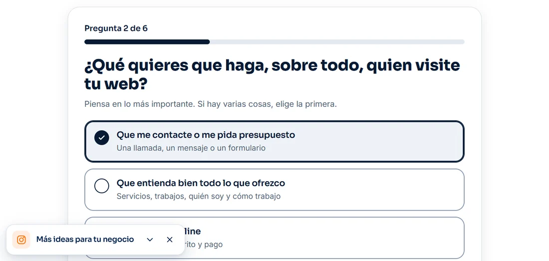 Cuestionario «¿Qué web necesito?» con la pregunta sobre qué quiere que haga quien visite la web y sus opciones de respuesta