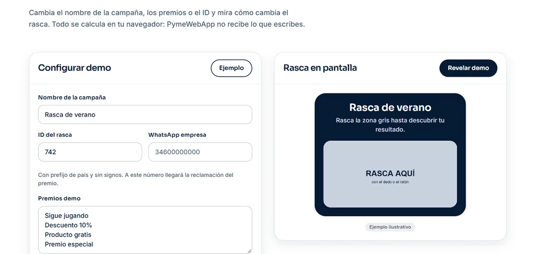 Demo de rasca y gana con la configuración de la campaña y la tarjeta para rascar