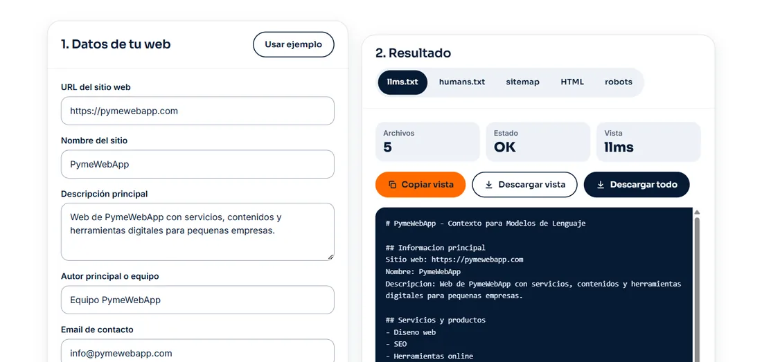 Generador de archivos SEO para IA con los datos de una web y el archivo llms.txt generado