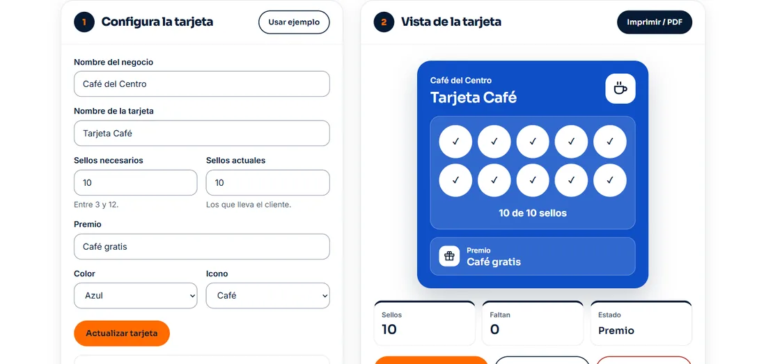 Configurador de tarjetas de fidelidad con la vista de una tarjeta de sellos de una cafetería de ejemplo