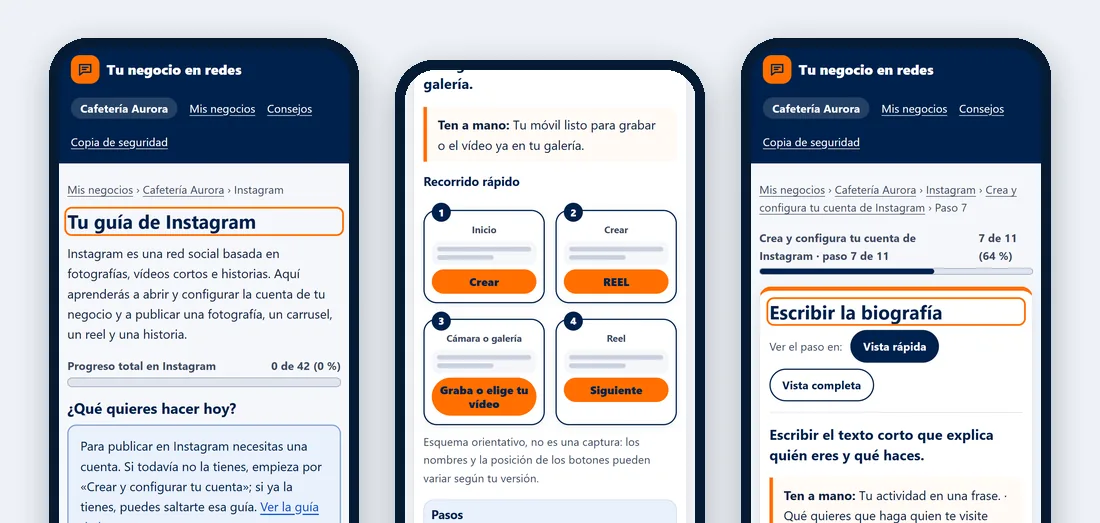 Tres pantallas móviles de la herramienta Tu negocio en redes: inicio de la guía de Instagram, recorrido rápido para publicar un reel y propuestas de biografía