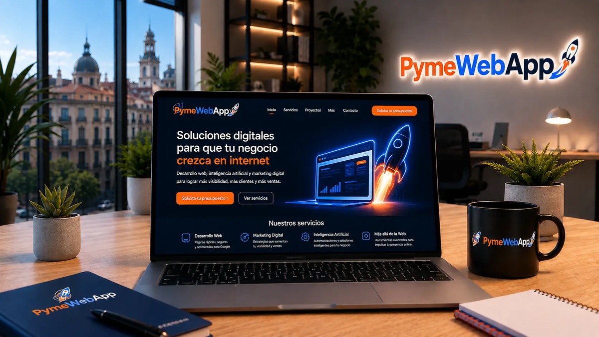 Mockup de una landing page de presencia digital de PymeWebApp en un portátil, sobre un escritorio con el logotipo de la marca iluminado al fondo