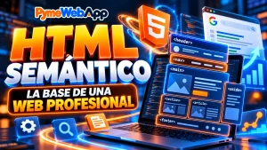 Rótulo «HTML semántico, la base de una web profesional» con el logotipo de PymeWebApp, el escudo de HTML5, un portátil con las etiquetas header, nav, main, section, article, aside y footer y una página de resultados de Google