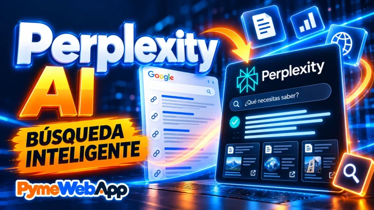 Rótulo «Perplexity AI, búsqueda inteligente» con el logotipo de PymeWebApp, una lista de resultados de Google a la izquierda y una pantalla de Perplexity con la pregunta «¿Qué necesitas saber?», una respuesta con marca de verificación y tres fuentes debajo
