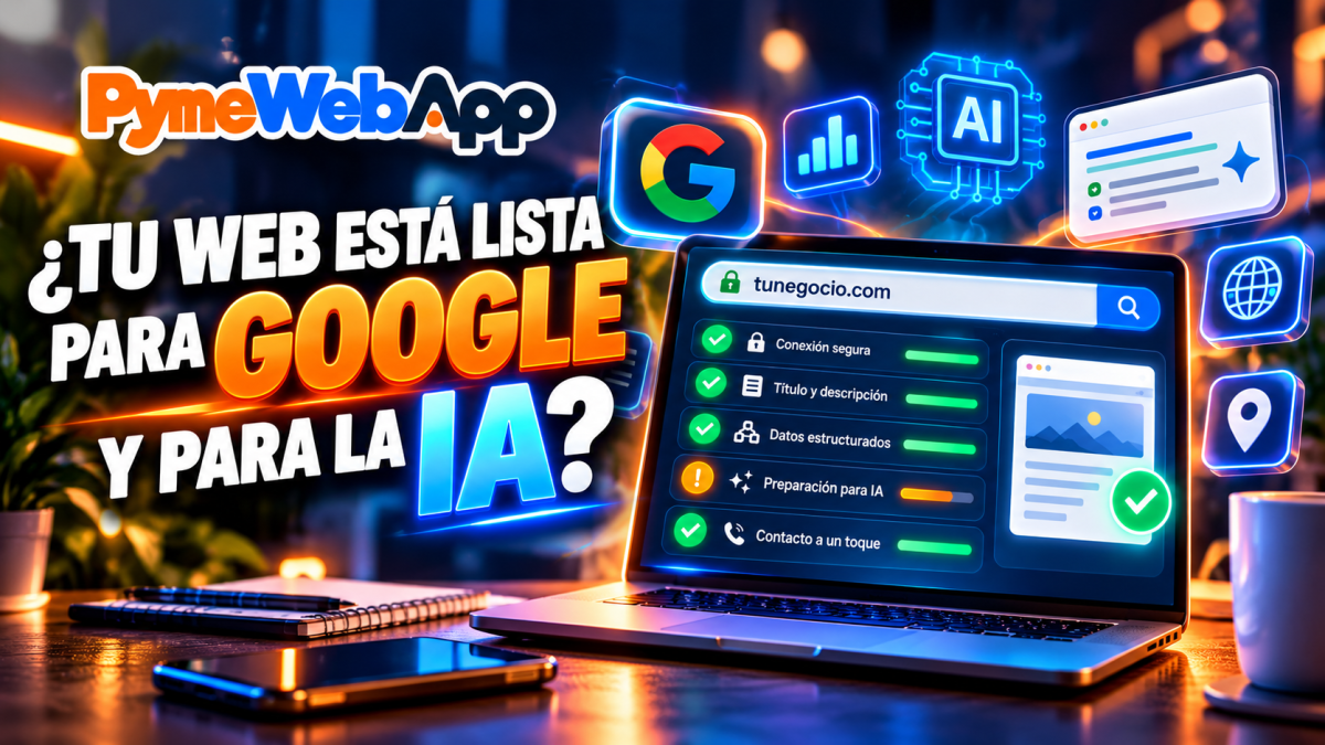 Portátil con el comprobador de web de PymeWebApp mostrando una lista de comprobaciones —conexión segura, título y descripción, datos estructurados, preparación para IA y contacto a un toque— junto a iconos de Google e IA y el logotipo de PymeWebApp