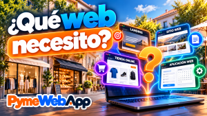 Portada «¿Qué web necesito?» con cuatro pantallas —landing, sitio web, tienda online y aplicación web— alrededor de un portátil y un signo de interrogación, junto al logotipo de PymeWebApp