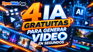 Claqueta con botón de reproducción, chip con las letras AI, tira de película con paisajes, una ciudad de neón y un perro saltando, y un editor de vídeo con línea de tiempo, con el texto 4 IA gratuitas para generar vídeo en segundos y el logotipo de PymeWebApp