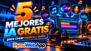 Portátil con un editor de audio, auriculares, micrófono de estudio y altavoz sobre una mesa, con iconos luminosos de nota musical, onda de sonido, micrófono y ecualizador y ondas de audio azules y naranjas, con el texto 5 mejores IA gratis para crear música y audio y el logotipo de PymeWebApp