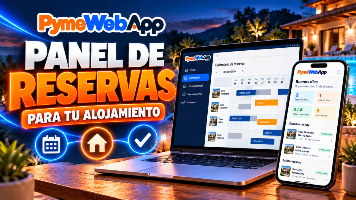 Portátil y móvil sobre una mesa de madera, junto a una casa con piscina al atardecer: el portátil muestra el calendario de reservas de varias casas y el móvil la pantalla de inicio con las llegadas y salidas de hoy, con el texto Panel de reservas para tu alojamiento, iconos de calendario, casa y verificación y el logotipo de PymeWebApp