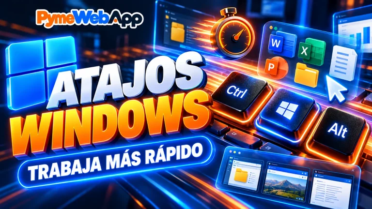 Rótulo «Atajos Windows, trabaja más rápido» con el logotipo de PymeWebApp, el logo de Windows, teclas Ctrl, Windows y Alt iluminadas, un cronómetro y ventanas con carpetas y aplicaciones de ofimática