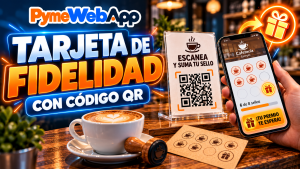 Mostrador de una cafetería con un expositor con un código QR y el texto Escanea y suma tu sello, una mano que sostiene un móvil con una tarjeta de 6 de 8 sellos y un aviso de premio, una taza de café con arte latte, un sello de madera y una tarjeta de cartulina con sellos, con el texto Tarjeta de fidelidad con código QR y el logotipo de PymeWebApp