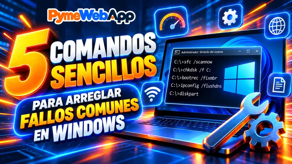 Portátil con una ventana de Símbolo del sistema que muestra los comandos sfc /scannow, chkdsk /f C:, bootrec /fixmbr, ipconfig /flushdns y diskpart, con una llave inglesa, iconos de red y disco, y el texto 5 comandos sencillos para arreglar fallos comunes en Windows con el logotipo de PymeWebApp