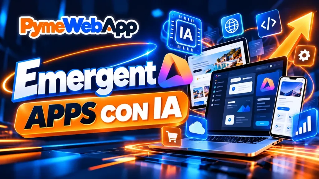 Cartel "Emergent: apps con IA" con un portátil, una tableta y un móvil mostrando aplicaciones, rodeados de iconos de IA, web, código, nube, tienda online, ajustes y gráficos con una flecha ascendente