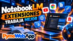 Portátil con la interfaz de NotebookLM rodeado de iconos de YouTube, Chrome, documentos, enlaces, PDF, traducción y un globo terráqueo, con el texto NotebookLM extensiones trabaja mejor y el logotipo de PymeWebApp