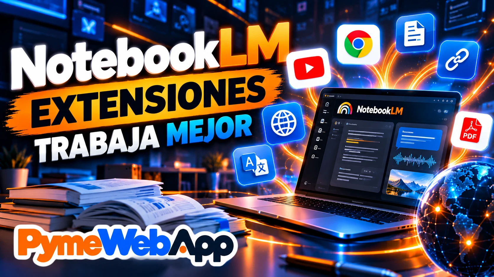 Portátil con la interfaz de NotebookLM rodeado de iconos de YouTube, Chrome, documentos, enlaces, PDF, traducción y un globo terráqueo, con el texto NotebookLM extensiones trabaja mejor y el logotipo de PymeWebApp