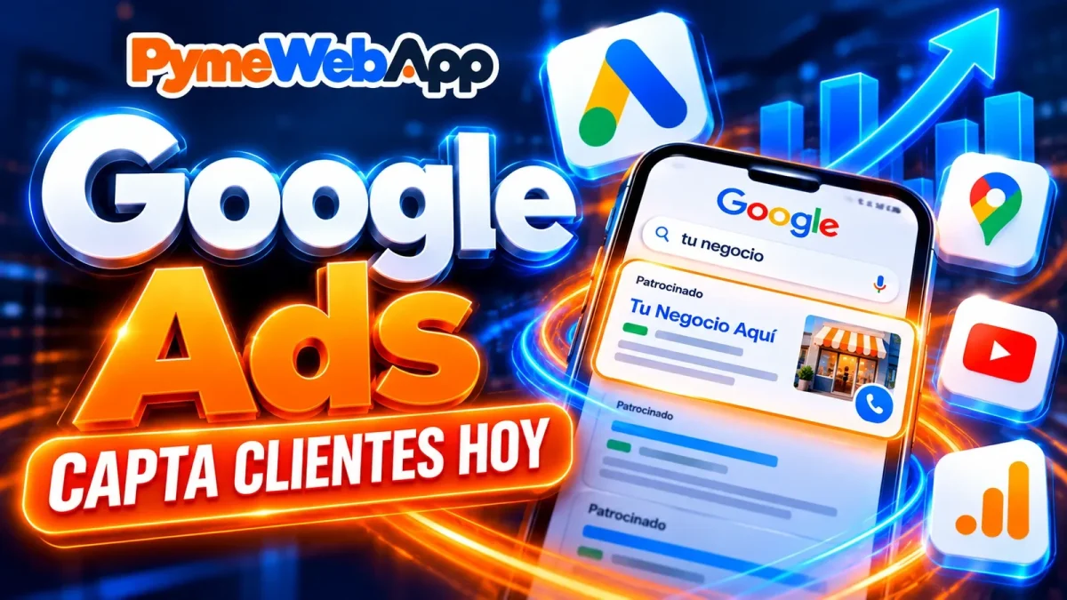 Móvil con una búsqueda en Google y un anuncio patrocinado de Tu Negocio Aquí, rodeado de los iconos de Google Ads, Maps, YouTube, Analytics y un gráfico ascendente, con el texto Google Ads, capta clientes hoy