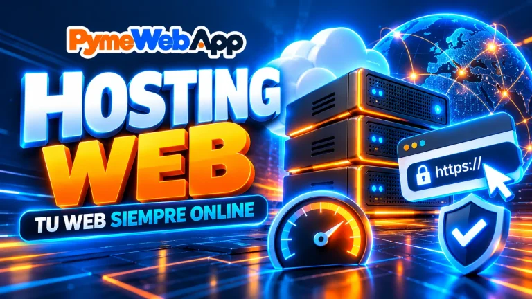 Rótulo «Hosting Web — Tu web siempre online» con el logotipo de PymeWebApp y un servidor conectado a una página web