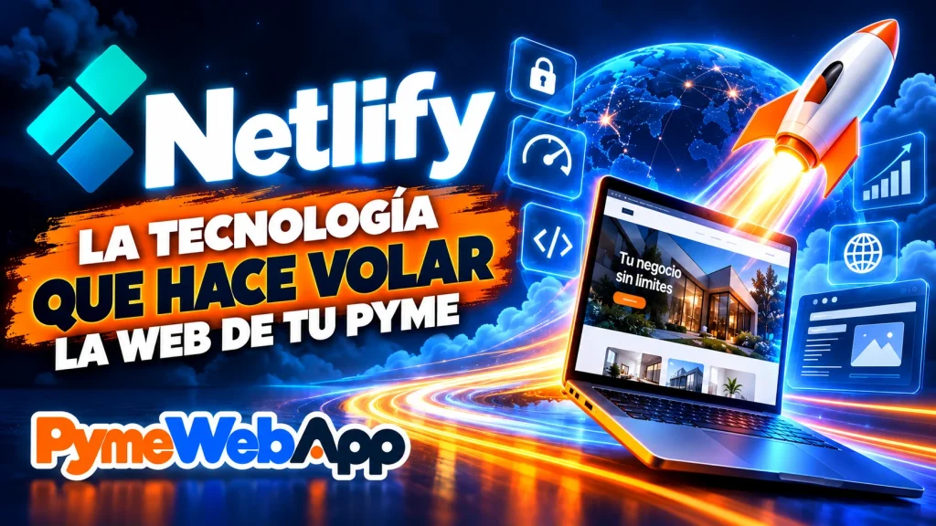 Portátil con la web de un negocio, un cohete naranja despegando, un globo terráqueo conectado y iconos de candado, velocímetro, código y gráfico, con el logotipo de Netlify y el texto La tecnología que hace volar la web de tu pyme con el logotipo de PymeWebApp