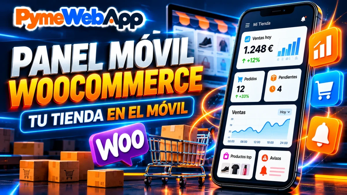 Móvil con el panel de una tienda online que muestra las ventas de hoy, los pedidos, los pendientes, los productos top y los avisos, junto a un portátil con una tienda, un carrito de la compra, cajas y el logotipo de WooCommerce, con el texto Panel móvil WooCommerce, tu tienda en el móvil y el logotipo de PymeWebApp