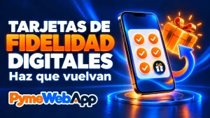 Móvil con una tarjeta de sellos de seis marcas naranjas y un icono de regalo junto a una caja de regalo y una flecha circular, con el texto Tarjetas de fidelidad digitales, haz que vuelvan