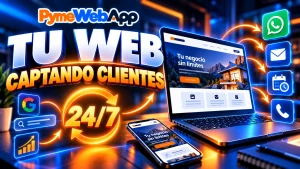 Portátil y móvil con la web de un negocio con el texto Tu negocio sin límites, un símbolo de 24/7 y flechas desde Google, una búsqueda y un gráfico hacia WhatsApp, correo, calendario y teléfono, con el texto Tu web captando clientes y el logotipo de PymeWebApp