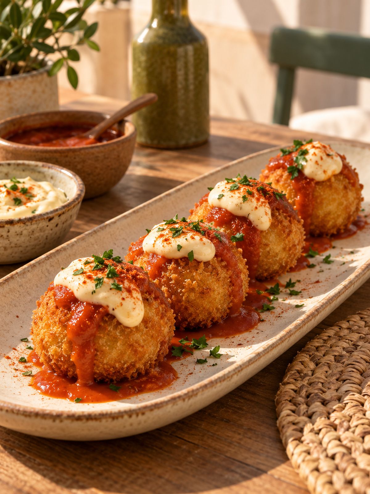 Bombas de patata con salsa brava
