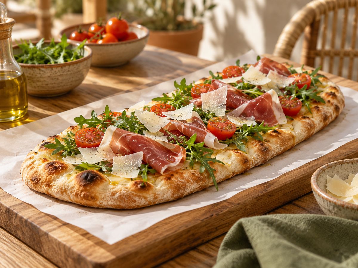 Pinsa con jamón, rúcula, tomate cherry y parmesano