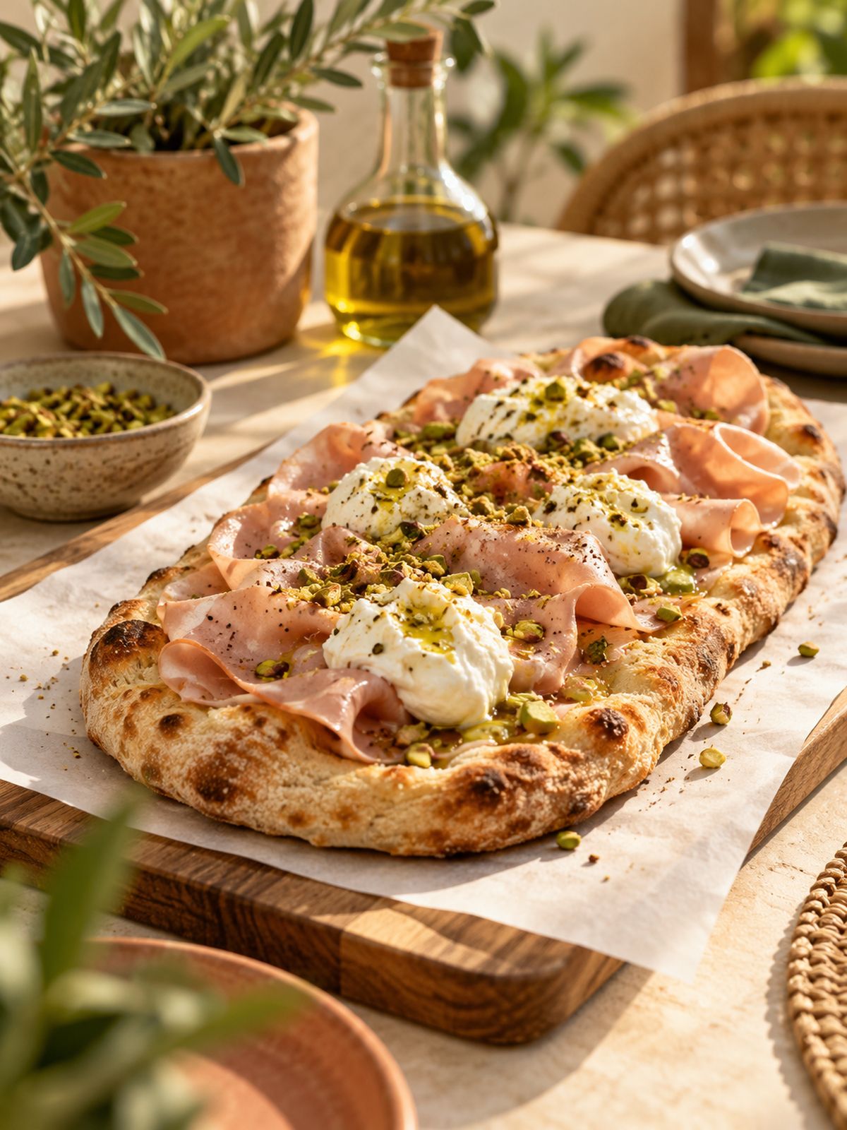 Pinsa de mortadela, burrata y pistacho