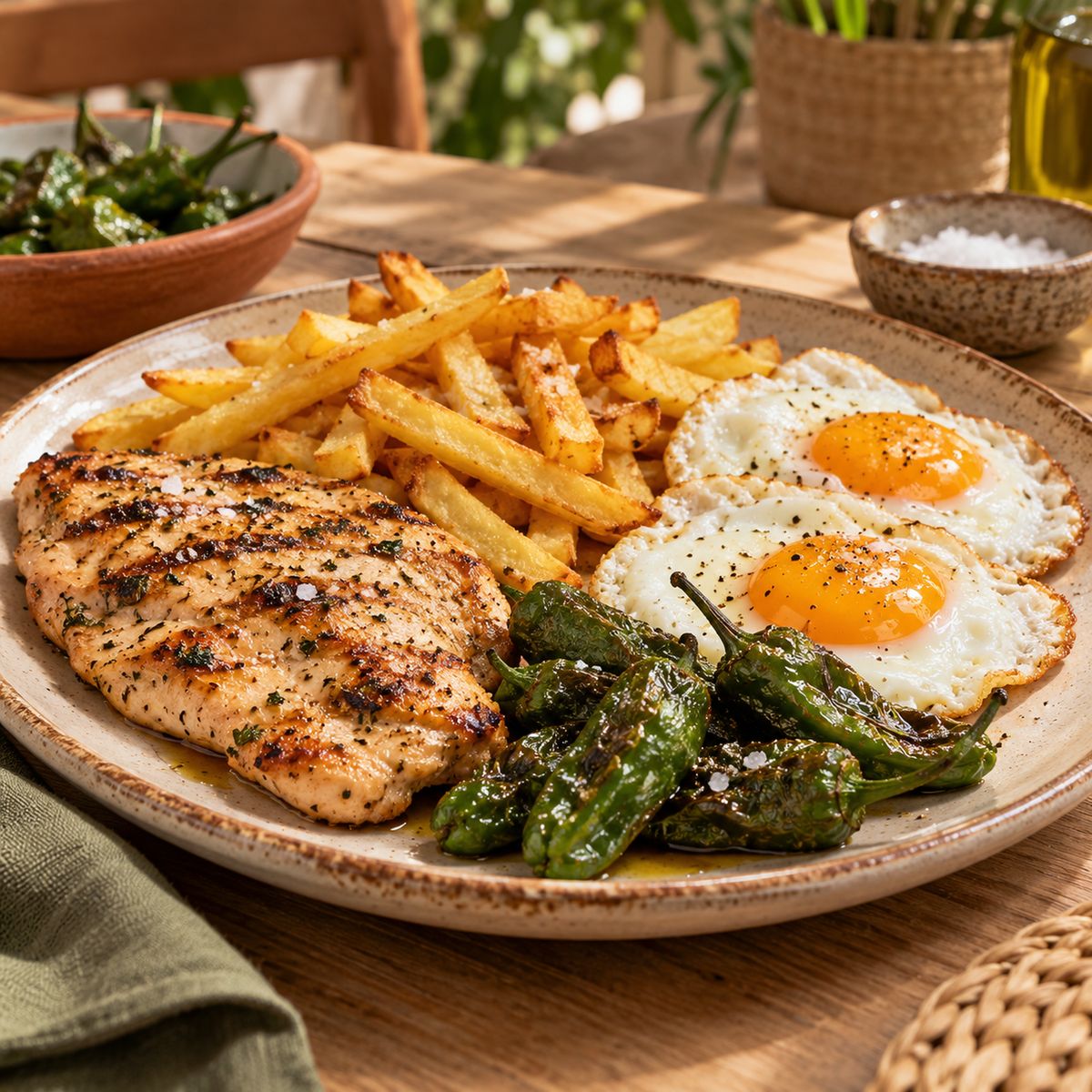 Plato combinado con pollo a la plancha, patatas, huevos fritos y pimientos
