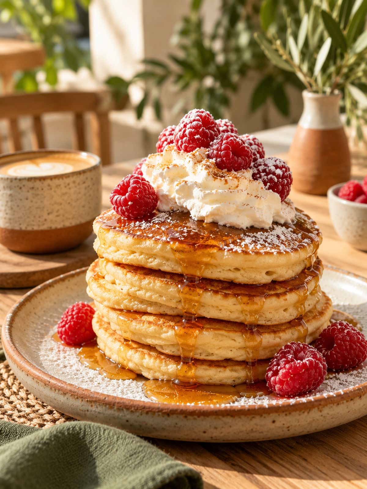 Tortitas con sirope y frambuesas