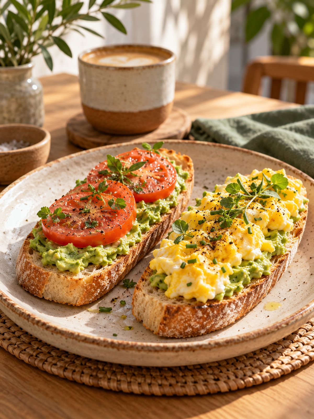 Tostadas con aguacate, tomate y huevos revueltos