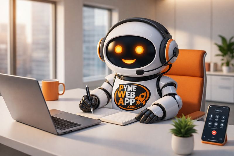 Robot PymeWebApp con auriculares atendiendo clientes como asistente virtual 24/7