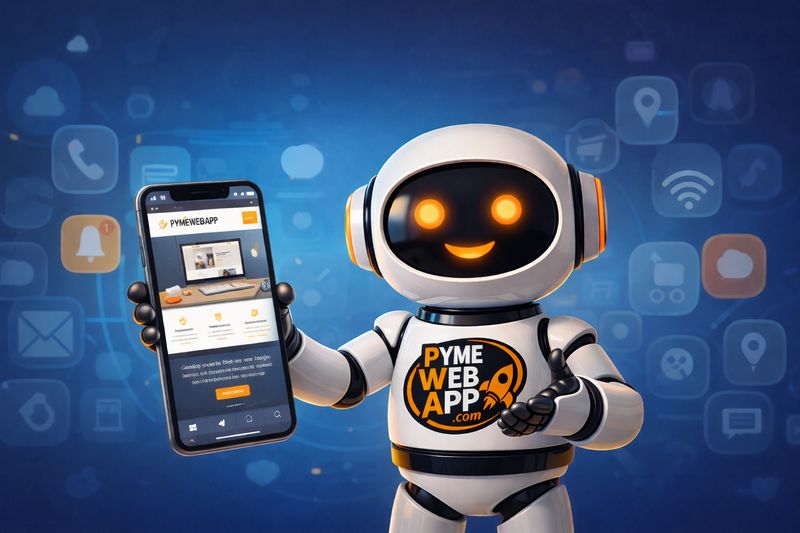 Robot PymeWebApp mostrando una Progressive Web App instalada en un smartphone