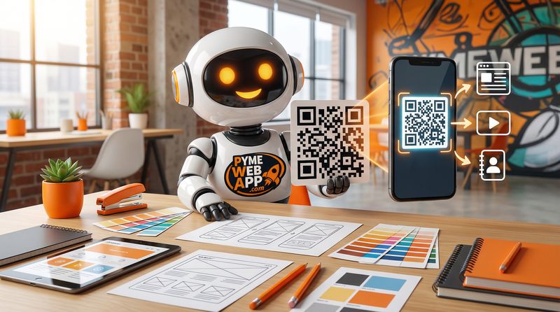 Robot PymeWebApp generando un código QR dinámico personalizado para negocios